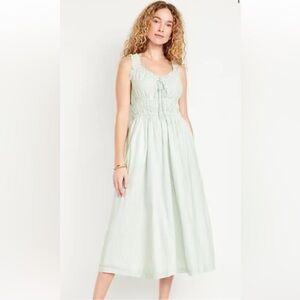 Old Navy 100% Cotton Waist Defined Ruffled Midi Dress in Green Stripe Sz Sm Tall